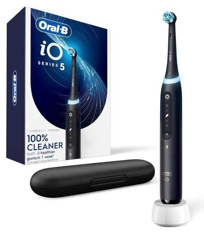 lot 62931 image: Oral-B Rechargeable Electric Toothbrush, iO5 Customizable Clean, 5 Cleaning Modes, Visual Pressure Sensor to Protect Gums, Travel Case, Black - Retail $130