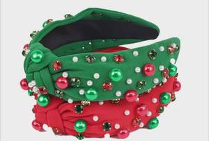 lot 3016 image: Christmas Holiday Pearl Beaded Bow Headbands - 2 ct