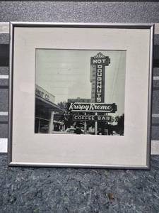 lot 64 image: Krispy Kreme Coffee Bar Hot Donuts Black and White Photograph in Metal Frame