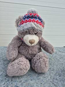 lot 130 image: Plush Brown Teddy Bear with Nordic Pattern Winter Hat and Scarf Set