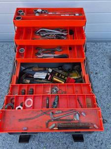 lot 142 image: Red Metal Toolbox with Hand Tools Lot