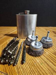 lot 201 image: Wire Brush Set for Drill with Stainless Steel Hip Flask
