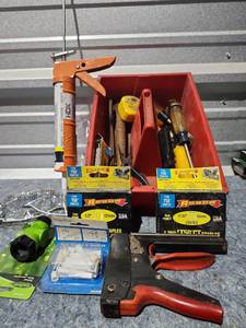 lot 222 image: Mixed Tool Lot with Staple Gun, Clamps, and Hardware