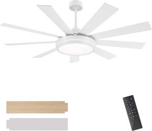 lot 142161 image: Retails for $240 WINGBO 60 Ceiling Fan with Light - Large LED Dimmable Light, 6-Speed Remote Control, Reversible DC Motor, Modern Ceiling Fan 9 Blades for Bedroom, Living Room, Indoor Outdoor White and Oak