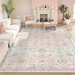 lot 371232 image: Retails for $130 Lahome Pink Boho Area Rug, 8x10 Washable Rugs for Bedroom Girls Living Room, Soft Blush Floral Non Slip Pastel Thin Floor Carpet for Classroom Playroom Home Decor