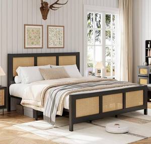 lot 411346 image: Retails for $190 Garvee Rattan Bed Frame with Headboard, Bohe Platform Queen Bed Frame with Strong Metal Slats Support, No Box Spring Needed, Noise-Free Design, Black