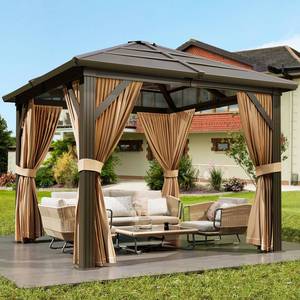 lot 221461 image: Retails for $600 Garvee 10x12 Hardtop Gazebo Outdoor Polycarbonate Roof Aluminum Frame with Curtains & Netting Brown Patio Pavilion for Garden