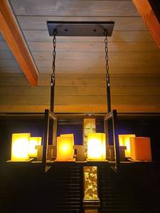 lot 21509 image: Modern Industrial Chandelier with Amber Glass Shades