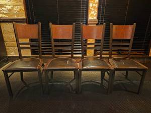 lot 21634 image: Wood Dining Chairs with Leather Seats - Set of 4