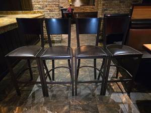 lot 21639 image: Dark Brown Wood Bar Stools with Brown Leather Seats - Set of 4