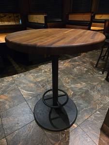 lot 21645 image: Round Wood Top Bistro Table with Black Metal Base