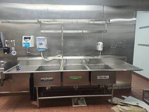 lot 15713 image: Commercial Triple Compartment Stainless Steel Prep Sink