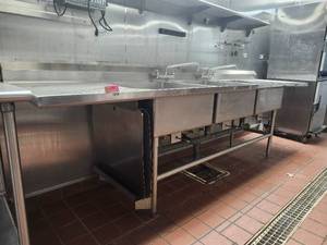 lot 15720 image: Commercial Stainless Steel Three Compartment Sink with Pre-Rinse Faucets
