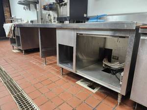 lot 15728 image: Commercial Stainless Steel Kitchen Prep Table and Cup Dispenser Set