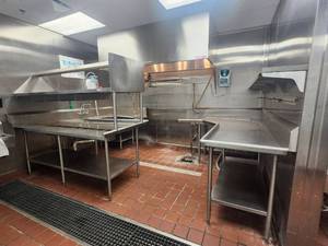 lot 15761 image: Commercial Kitchen Equipment Set with Stainless Steel Work Tables and Dishwashing Station