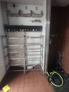lot 15777 image: Commercial Kitchen Equipment Lot with Cleaning Station and Storage Rack for Soda Syrups