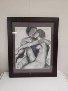lot 2215 image: Framed Charcoal Drawing of Embracing Couple