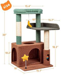 lot 1578 image: Purrlato 31 Cute Cat Tower for Indoor Kittens with Cat Condo, Plush Platform, Hammock, Sisal Scratching Posts, Dangling Ball, Tall Cat Tree Tower with Self-Grooming Brush (Olive Green)