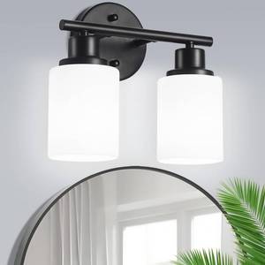 lot 1582 image: Guliaofo 2-Light Vanity Lights, Black Bathroom Light Fixture with Striped Textured Milky White Glass Shade, Modern Vanity Lighting Fixture for Bathroom Wall Light Over Mirror, E26 Wall Sconce