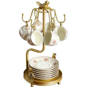 lot 1583 image: Evolkult Coffee Mug Tree, Coffee Cup Holder for Countertop with 6 Hooks, Tea Cup Holder with Small Storage Area Metal Mug Rack Display for Counter Top Kitchen Organizer,Gold