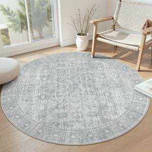 lot 1587 image: LIVEBOX Vintage Round Rug - Washable 5 Foot Large Oriental Circle Grey Rug for Living Room, Non-Slip Soft Carpet Low Pile Entryway Circular Rugs for Foyer Kitchen Kids Room