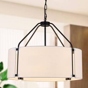lot 1599 image: Fanousek Drum Chandeliers, Modern 23 Farmhouse Pendant Light Fixture with White Linen Fabric Shade, Black Round Adjustable Hanging Lights for Dining Room Bedroom Kitchen Living Room Foyer Entryway