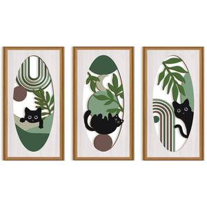 lot 1604 image: Celestdeco Boho Black Cat Wall Decor,Green Boho Wall Art,Mid Century Modern Decor Kitty,Abstract Geometric Line Artwork Cats,Green Plants Bohemian Botanical Cat Wood Art for Home Bedroom Living Room