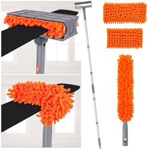 lot 1614 image: wlich Ceiling Fan Cleaner Kit with 77 Extension Pole, Reusable Chenille Brush for Fan Blades (Up to 8in), Cobwebs, Walls, and Furniture (Orange)