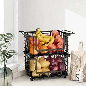 lot 1615 image: 2 Pack Stackable Metal Wire Vegetable Fruit Basket for Kitchen Counter Cabinet, Pantry Organizers and Storage Basket, Food Can Snack Onion Potato Bread Storage Shelf Freezer Organizer Bins Containers