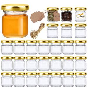 lot 1624 image: Encheng 1.5oz Mini Glass Jars Bulk Set of 70,Round Small 45ml Honey Jars with Golden Lids,Clear Mini Storage Canning Jar for Candle Making,Spice,Jelly,Jam,Wedding,Party Favor