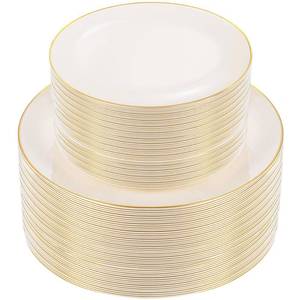 lot 1626 image: bUCLA 100PCS Ivory Plastic Plates with Gold Rim - Heavy Duty Cream Disposable Include 50 Dinner 10 inch & 50 Dessert 7 inch, for Party & Wedding