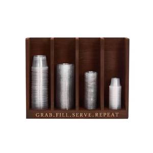 lot 1627 image: GoFika Portion Cup and Lid Holder Wood Brown Deli Container Organizer for Kitchen Restaurant-4 Slots for 2oz-5.5oz Sauce Cups
