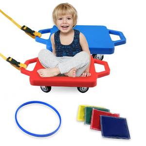 lot 1637 image: romrex 2 Plastic Scooter Boards with Handles for Kids Sitting and Sports Training, with 1 Ring, 2 Ropes and 4 Beanbags, Indoor and Outdoor Play