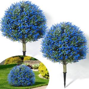 lot 1639 image: Lunmon 2 Pack 24 Artificial Topiary Ball Plants Trees with Flowers, Outdoor Fake Topiary Plants with Ground Spike, UV Resistant Faux Bushes for Indoor Outdoor Front Door Decor(Blue,Lavender)