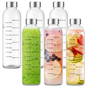 lot 1641 image: Olivego Glass Water Bottles with Lids 25 oz, Clear Glass Juice Bottles With Stainless Steel Cap, Reusable Drinking Bottle for Juicing, Refrigerator,100% Leak Proof, BPA Free, Set of 6
