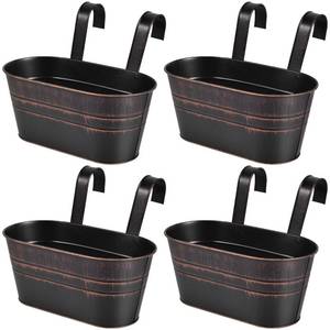 lot 1643 image: OBTANIM 4 Pack Metal Hanging Flower Pots Iron Railing Planter Outdoor Fence Hanging Pots Bucket Plant Holder with Detachable Hooks Drain Holes for Home Garden Yard Decor (Black)