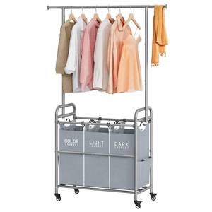 lot 3372 image: Tajsoon Laundry Sorter with Hanging Bar, 3 Section Rolling Laundry Hamper with Heavy Duty Lockable Wheels, Laundry Basket with Hanging Rack for Bedroom, 3 Gray