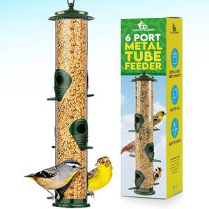 lot 3376 image: Bird Feeders for Outdoors (Green) Squirrel Proof Hanging Bird Feeder with Locking Lid & Adjustable Hanger, Chew-Proof, Weather Resistant 15 Inches 6 Port
