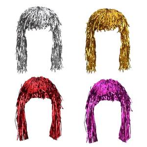 lot 4186 image: Sumind 4 Pieces Foil Tinsel Wigs Fancy Dress Shiny Party Wig Adults Metallic Cosplay Supplies (Gold, Silver, Red and Pink)