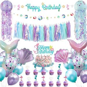 lot 4187 image: Mermaid Birthday Party Decorations Supplies Banner Tassel Garland Bubble Garland Hanging Jelly Fish Paper Lanterns Balloons Cake Topper Mermaid Happy Birthday Decorations for Women