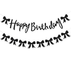 lot 4197 image: Black Bow Birthday Decorations Happy Birthday Banner Black Glitter Bow Party Banner Garland Signs Hanging for Celebrations Party Supplies