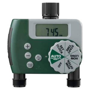 lot 4215 image: Orbit Programmable Digital Hose Watering Timer - 2 Outlet - Battery Powered - with LCD Screen - Built-in Rain Delay - Water-Resistant - 58910