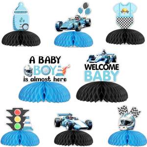 lot 4246 image: JOYMEMO 8 Pieces Vintage Blue Race Car Baby Shower Honeycomb Centerpieces - A Baby Boy is Almost Here Table Decorations, Double Sided Racing Car Table Toppers for Pregnancy Celebration Newborn Party