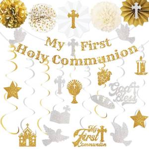 lot 4264 image: Lednica Christian First Holy Communion Decorations, 33PCS Catholic Religious Banner with Dove Chalice Decor for Boys Girls, White Gold Cross Bible Paper Fans Party Supplies Church Celebration