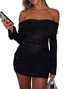 lot 4282 image: evonvola Women Sexy Off Shoulder Bodycon Ruched Mini Dress Mesh Sheer Sparkly Flared Long Sleeve Y2K Dress Date Night Dresses Black