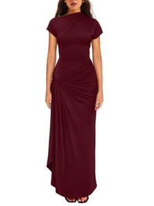 lot 4283 image: YMDUCH Womens Casual Short Sleeve Boat Neck Ruched High Split Bodycon Long Formal Dress WineRed