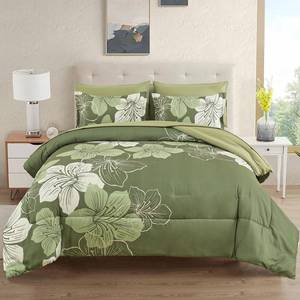 lot 5458 image: Luxudecor Floral Comforter Set Queen Size, 7 Pieces Bed in a Bag Olive Green Floral Comforter and Sheet Set, Soft Microfiber Green Complete Bedding Sets for All Seasons