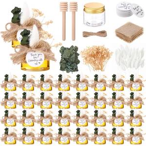 lot 5461 image: Afarnook 32 Pack Mini Plastic Honey Jars with Wooden Dipper and Cloth Covers Plastic Honey Jars with Gold Lids Thank You Card Jute Rope String Natural Plant for Baby Shower Wedding Birthday Party