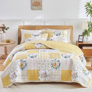 lot 5464 image: Joyreap 3 Pieces Patchwork Quilt Set California King, 102x114 inches- Yellow n White Flowers Design, Smooth Soft Microfiber Quilt, Bedspread Bed Cover for All Season