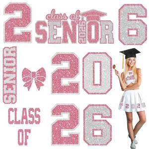 lot 6097 image: Solsew Senior Class of 2026 Iron on Patches Decals Glitter Heat Transfer Graduation Decoration Skirts Shirts Iron on Cap Letters Bow Transfer for Fabric Clothing DIY Crafts(Pink and Silvery)